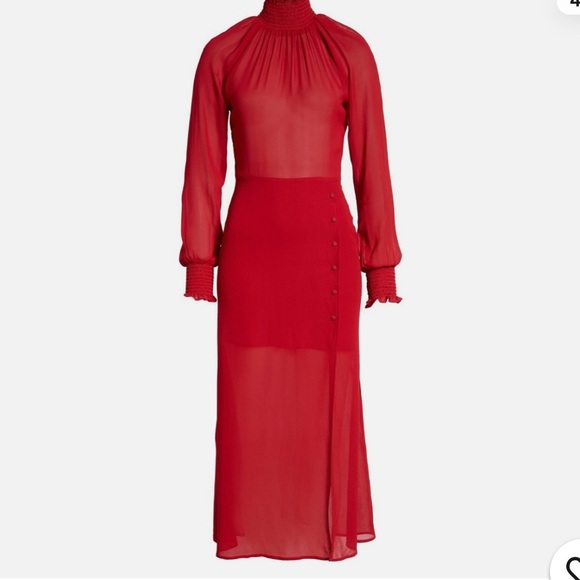 REFORMATION Red GEORGINA Smocked Cuff Turtleneck Crepe Button Slit Midi Dress, 4 - Picture 2 of 7